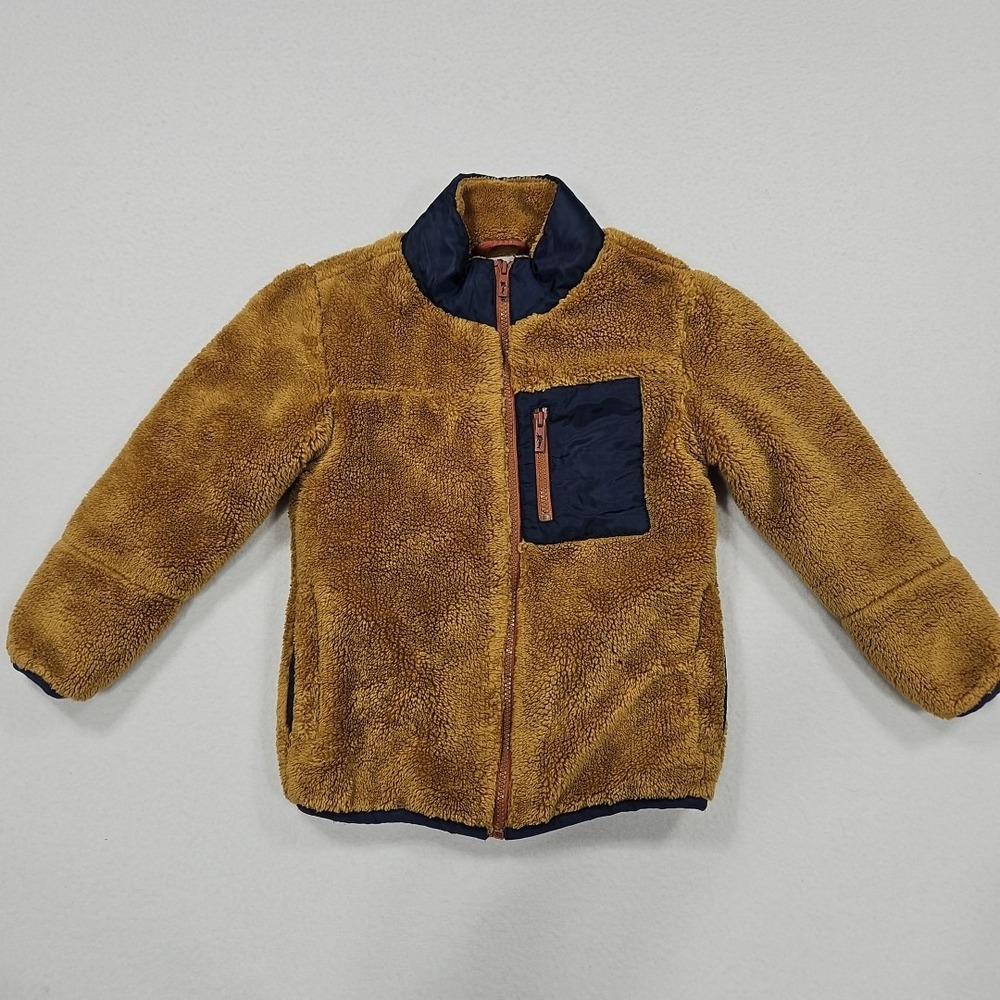 Tommy Bahama Coat Boys Small Tan Navy Blue Sherpa Fleece Full Zip Insulated